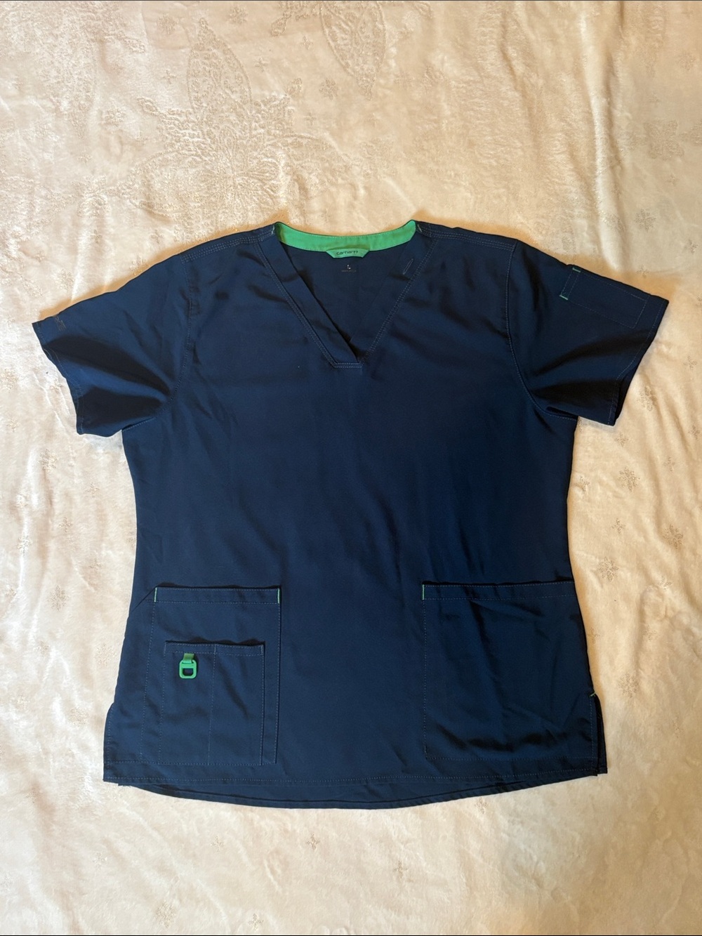 Carhartt Cross-Flex V-Neck Scrub Top Navy Blue Green Trim Size L